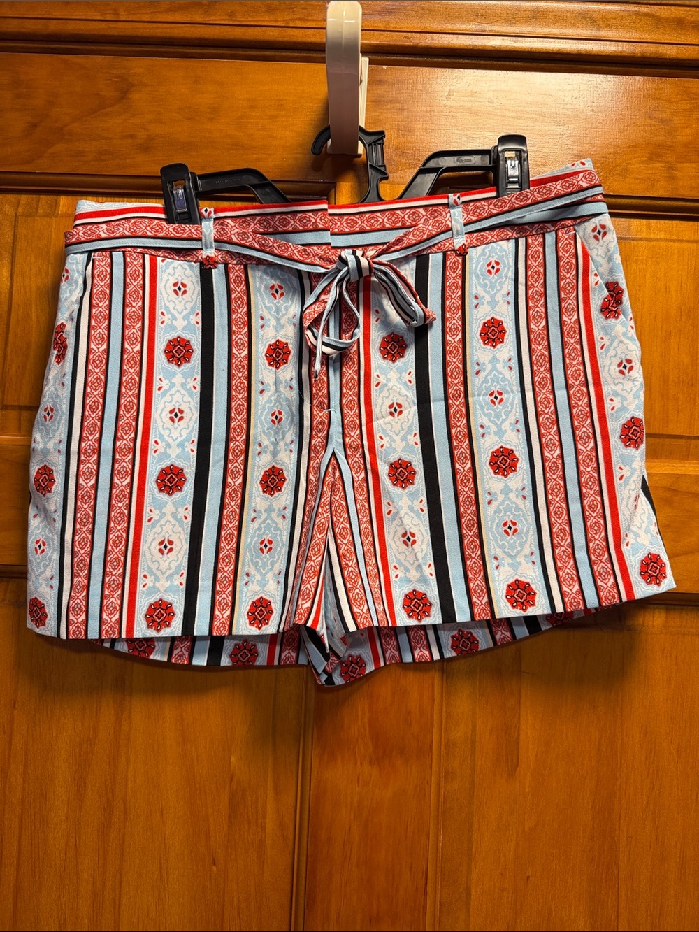 Striped Red & Light Blue Tie-Waist Women’s Shorts